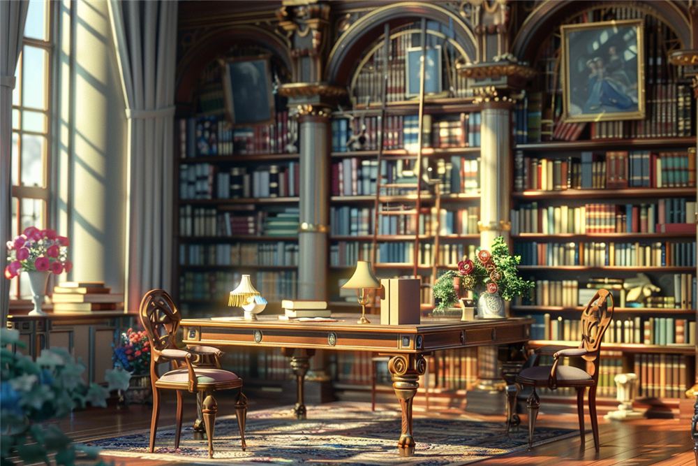 Gemalte Bibliothek mit Schreibtisch und hohen Bücherregalen