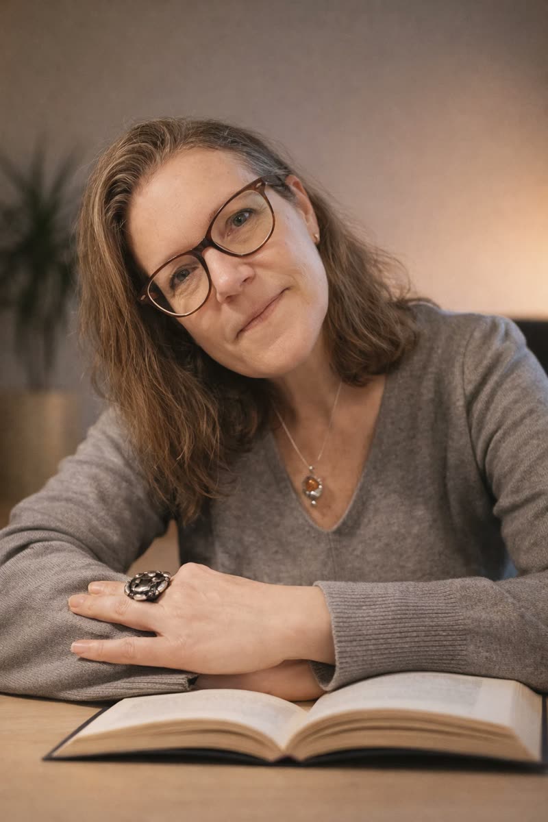 KI-generiertes Porträt: Eva Gitta Glöckner lächelnd am Schreibtisch, vor ihr ein aufgeschlagenes Buch