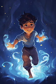 Illustration: der kleine Windhauch, umgeben von leuchtenden Windwirbeln