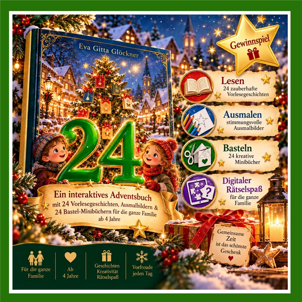 Cover des Adventsbuchs 24 mit zwei Kindern vor einem Weihnachtsbaum